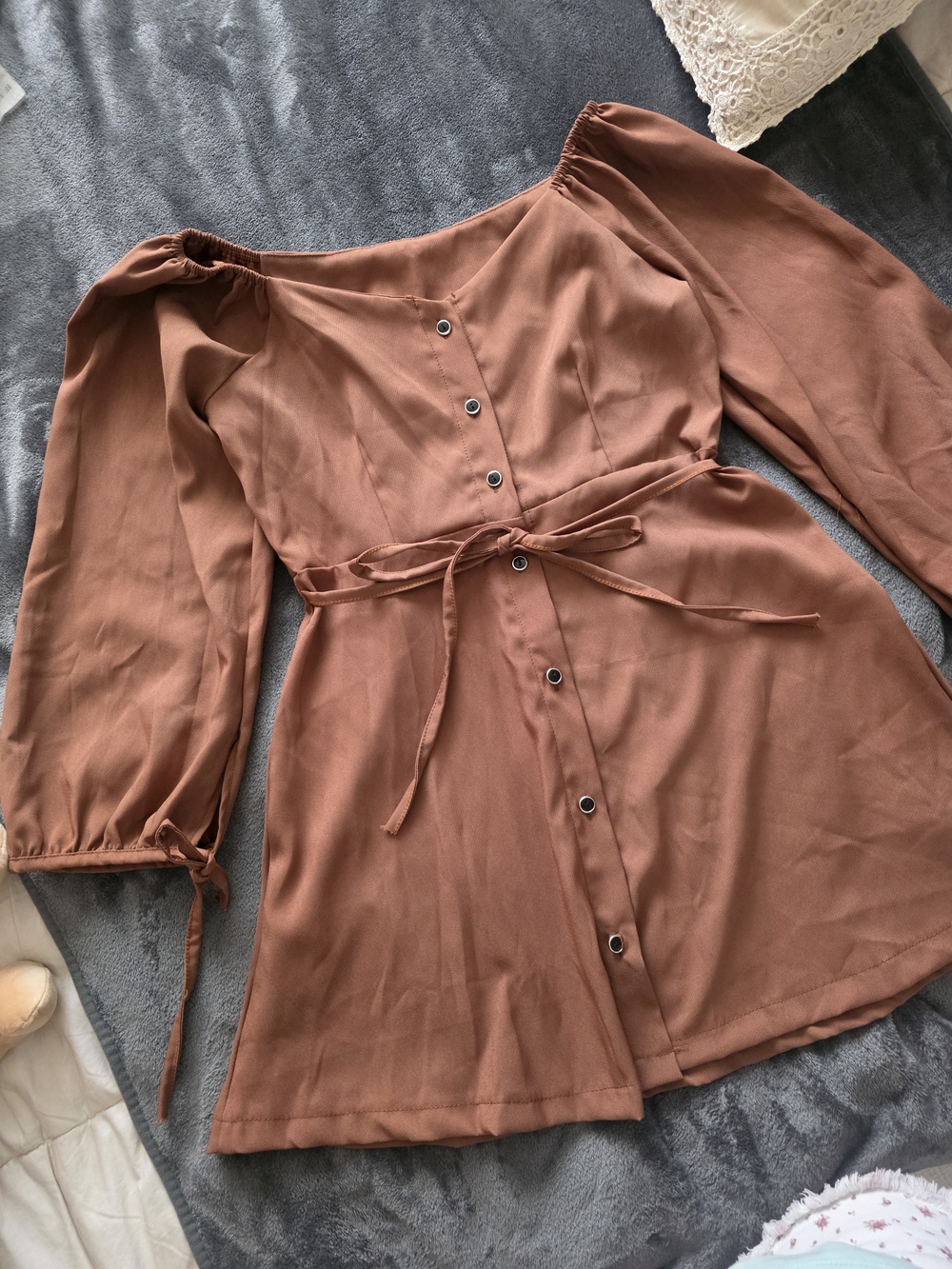 Rust Brown Button-Front Tie-Waist Peasant Dress with Puff Sleeves